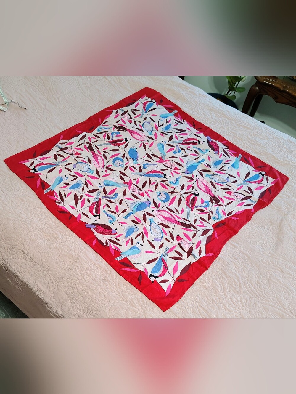 Vtg Marja Kurki Silk Scarf Cranberry Red w/ Blue And Pink Birds Finland 34"x33